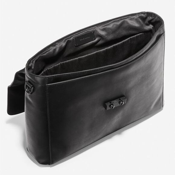 COLE HAAN Black Leather Warner Briefcase Travel Bag Zipper Pocket Laptop Case - Picture 7 of 16